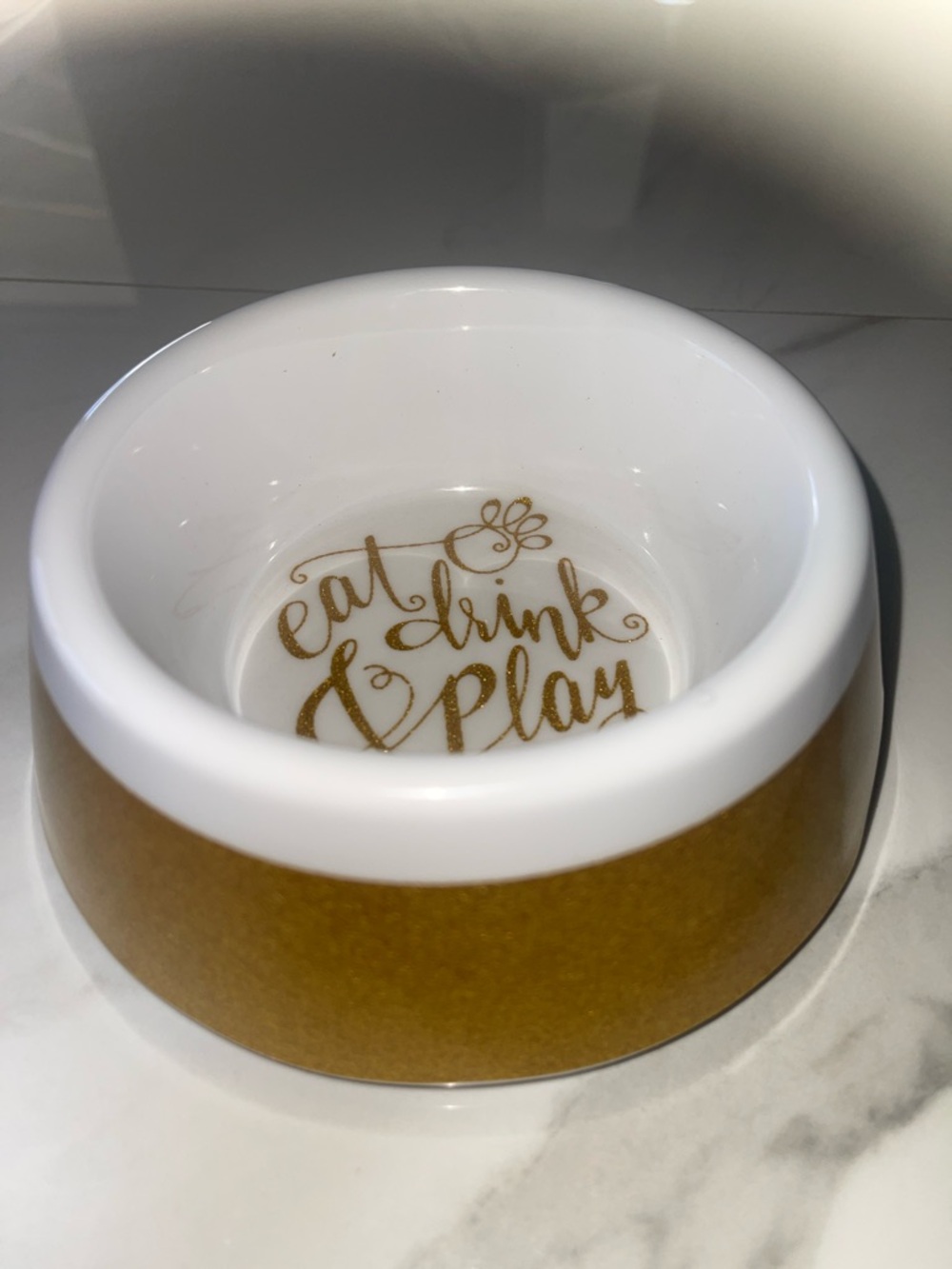 Gold and White Pet Bowl weighted to not tip over- "Eat Drink Play"